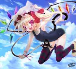 Rule 34 | 1girl, bad id, bad pixiv id, blonde hair, cat tail, day, enoki shiki, fang, female focus, flandre scarlet, flat chest, flying, hat, laevatein, mary janes, one-piece swimsuit, red eyes, school swimsuit, shoes, sky, solo, striped clothes, striped thighhighs, swimsuit, tail, thighhighs, touhou, wings