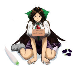 Rule 34 | 1girl, :/, antenna hair, arm support, asymmetrical footwear, asymmetrical legwear, bare arms, bird wings, black wings, blouse, blush, bow, breasts, brown eyes, brown hair, closed mouth, collared shirt, commentary request, daikon, eggplant, food, furrowed brow, green bow, green skirt, hair bow, half-closed eyes, huge breasts, koyubi (littlefinger1988), large breasts, long hair, looking at viewer, looking down, mismatched footwear, mismatched legwear, pet shaming, puffy short sleeves, puffy sleeves, radish, red eyes, reiuji utsuho, sad, shirt, shoes, short sleeves, sign, sign around neck, simple background, single shoe, sitting, skirt, skirt set, slit pupils, socks, solo, tearing up, third eye, touhou, translated, vegetable, wariza, white background, white shirt, wing collar, wings