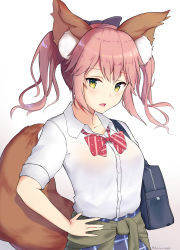 Rule 34 | 10s, 1girl, absurdres, alternate breast size, animal ear fluff, animal ears, bag, blue skirt, blush, bow, bowtie, breasts, collared shirt, color1087, commentary request, dress shirt, fang, fate/extra, fate (series), fingernails, fox ears, fox girl, fox tail, green eyes, hair between eyes, hair bow, hand on own hip, highres, long hair, medium breasts, official alternate costume, open mouth, pink hair, plaid, plaid skirt, purple bow, red bow, red bowtie, school bag, school uniform, shirt, short sleeves, simple background, skirt, solo, tail, tamamo (fate), tamamo no mae (fate/extra), tamamo no mae (jk) (fate), twintails, twitter username, white background, white shirt