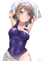 Rule 34 | 1girl, armpits, arms up, artist name, blue eyes, blue one-piece swimsuit, blush, breasts, brown hair, cleavage, clothes lift, clothes pull, collarbone, competition swimsuit, covered navel, cowboy shot, head tilt, highres, lifted by self, looking at viewer, love live!, love live! sunshine!!, one-piece swimsuit, panda copt, parted bangs, school swimsuit, school uniform, serafuku, shirt, shirt lift, short hair, simple background, skin tight, skirt, skirt pull, smile, solo, standing, swept bangs, swimsuit, swimsuit under clothes, thighs, undressing, uranohoshi school uniform, watanabe you, white background, white shirt