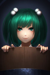 Rule 34 | 1girl, blue background, bucket, green eyes, green hair, hair bobbles, hair ornament, in bucket, in container, kisume, looking at viewer, matching hair/eyes, minami koyogi, short hair, smile, solo, touhou
