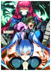 Rule 34 | 00unit, 1boy, 2girls, black hair, blue hair, blush, bodysuit, closed eyes, fortified suit, kagami sumika, long hair, multiple girls, muv-luv, muv-luv alternative, own hands clasped, own hands together, pilot suit, pink hair, red hair, twintails, yashiro kasumi