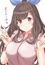 Rule 34 | 1girl, beige shirt, blue bow, blush, bow, breasts, brown eyes, brown hair, closed mouth, double v, frilled sleeves, frills, hair bow, hand gesture, hands up, highres, idolmaster, idolmaster shiny colors, large breasts, long hair, looking at viewer, ponytail, short sleeves, simple background, smile, solo, sumice, swept bangs, tsukioka kogane, v, white background