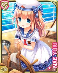 Rule 34 | 1girl, blue eyes, bow, brown hair, bucket, character name, cloth, day, deck, dress, girlfriend (kari), hair bow, hat, long hair, ocean, official art, open mouth, outdoors, own hands together, qp:flapper, ribbon, sailor collar, sailor dress, ship&#039;s wheel, solo, two side up, white dress, white hat, yuuki nae