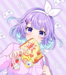 Rule 34 | 1girl, artist name, bag of chips, blue eyes, blue hair, blush, bow, bow hairband, breast pocket, buttons, chips (food), colored inner hair, commentary request, controller, dot nose, drink, food, hair ornament, hairband, hairclip, highres, holding, holding drink, juice box, long sleeves, looking at viewer, medium hair, mouth hold, mugimugigo, multicolored hair, nijisanji, nijisanji kr, nun bora, nun bora (2nd costume), outline, pink shirt, pocket, potato chips, purple hair, purple theme, shirt, snowflakes, solo, striped, striped background, twitter username, two-tone hair, virtual youtuber, white bow, white hairband