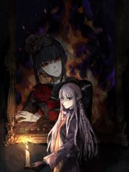 Rule 34 | 1girl, baegmi (baekmironpa), black gloves, black hair, black nails, black ribbon, braid, candle, celestia ludenberg, commentary, danganronpa: trigger happy havoc, danganronpa (series), dark, expressionless, from side, gloves, hair ribbon, highres, holding, holding candle, jacket, kirigiri kyoko, long hair, looking at viewer, looking to the side, nail polish, necktie, open clothes, open jacket, pleated skirt, portrait (object), red eyes, ribbon, skirt, smile, solo, standing, symbol-only commentary