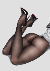 Rule 34 | 1girl, absurdres, ass, black footwear, black pantyhose, black sailor collar, commentary request, crossed ankles, crotch seam, fine fabric emphasis, from behind, grey background, head out of frame, high heels, highres, legs, legs up, louboutins, lower body, lying, no panties, no pants, on stomach, original, pantyhose, patent heels, pumps, red soles, rhasta, sailor collar, school uniform, serafuku, shiny clothes, shiny legwear, shirt, shoes, shoes focus, simple background, solo, stiletto heels, the pose, thighs, underwear, white shirt