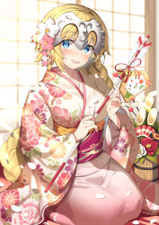 Rule 34 | 1girl, akae neo, alternate costume, blonde hair, blue eyes, blush, braid, breasts, commentary request, contemporary, fate/grand order, fate (series), floral print, flower, from side, full body, hair flower, hair ornament, headpiece, highres, indoors, japanese clothes, jeanne d&#039;arc (fate), jeanne d&#039;arc (ruler) (fate), large breasts, long hair, obi, open mouth, sash, seiza, single braid, sitting, sliding doors, solo, very long hair, wide sleeves