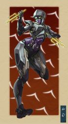 Rule 34 | 1girl, beige border, ct990413, decepticon, dual wielding, highres, holding, holding weapon, leg up, looking to the side, mecha, nightbird (transformers), no humans, robot, sai (weapon), science fiction, solo, transformers, weapon, yellow eyes