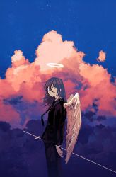 Rule 34 | 1other, angel devil (chainsaw man), black jacket, black legwear, black pants, brown hair, chainsaw man, cloud, day, feathered wings, formal, from side, grey eyes, halo, highres, holding, holding sword, holding weapon, jacket, long hair, looking at viewer, necktie, pants, shinamoku00, sky, solo, suit, sword, weapon, white wings, wings