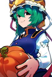 Rule 34 | 1girl, asymmetrical hair, black eyes, black skirt, blue vest, bow, breasts, buttons, collared vest, epaulettes, food, frilled hat, frills, from below, fruit, green hair, hat, highres, holding, holding food, holding fruit, holding pumpkin, holding vegetable, iganashi1, long sleeves, looking at viewer, medium breasts, pumpkin, red bow, shiki eiki, shirt, short hair, simple background, skirt, sleeve bow, smile, solo, touhou, upper body, vegetable, vest, white background, white bow, white shirt