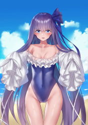 Rule 34 | 1girl, :o, absurdres, bad id, bad pixiv id, bare shoulders, beach, blue eyes, blue one-piece swimsuit, blue ribbon, blush, breasts, casual one-piece swimsuit, cleavage, cloud, cloudy sky, collarbone, covered navel, cowboy shot, day, fate/grand order, fate (series), frilled sleeves, frilled swimsuit, frills, gluteal fold, hair ribbon, highres, jmao, long hair, long sleeves, looking at viewer, meltryllis, meltryllis (fate), meltryllis (swimsuit lancer) (fate), meltryllis (swimsuit lancer) (second ascension) (fate), ocean, one-piece swimsuit, open mouth, outdoors, puffy long sleeves, puffy sleeves, purple eyes, ribbon, sky, sleeves past fingers, sleeves past wrists, small breasts, solo, swimsuit, thigh gap, thighs, very long hair, water, wide hips