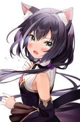 Rule 34 | 1girl, animal ear fluff, animal ears, bare shoulders, black hair, blush, breasts, cat ears, cat girl, commentary request, fang, green eyes, hair between eyes, hair ornament, highres, kanda done, karyl (princess connect!), long hair, looking at viewer, low twintails, multicolored hair, open mouth, princess connect!, simple background, skin fang, small breasts, smile, solo, standing, streaked hair, tears, twintails, upper body, very long hair, white background, white hair