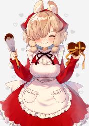 Rule 34 | 1girl, absurdres, alpaca ears, alpaca girl, alpaca suri (kemono friends), alternate costume, animal ears, blonde hair, blush, bow, box, breasts, closed mouth, closed eyes, facing viewer, gift, hair over one eye, heart-shaped box, highres, holding, holding gift, holding whisk, kemono friends, large breasts, long sleeves, noamem, ribbon, short hair, smile, solo, whisk, yellow bow, yellow ribbon