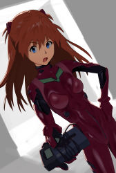 Rule 34 | 1girl, absurdres, arms up, blue eyes, bodysuit, breasts, brown hair, hand on own hip, headgear, highres, long hair, looking at viewer, medium breasts, neon genesis evangelion, open mouth, plugsuit, shiny clothes, simple background, solo, some1else45, souryuu asuka langley, standing, tape recorder, wide hips