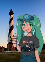 1girl absurdres alternate_costume blue_hair blue_pants blush cape_hatteras_lighthouse commentary cross cross_necklace cup disposable_cup drinking_straw english_commentary grey_shirt hat hatsune_miku highres holding holding_cup jewelry looking_at_viewer nascar necklace nikkiaart north_carolina_(state) open_mouth pants photo_background real_world_location shirt shirt_tucked_in shorts smile t-shirt twintails united_states vocaloid worldwide_miku