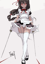 Rule 34 | 1girl, apron, artist name, black dress, black footwear, blush, bow, bowtie, breasts, brown hair, commentary request, crossed legs, dress, dual wielding, fkey, frilled apron, frills, full body, garter straps, grey background, hair between eyes, hair ribbon, highres, holding, holding sword, holding weapon, katana, long hair, looking at viewer, maid, maid apron, mary janes, medium breasts, original, panties, pantyshot, petticoat, puffy short sleeves, puffy sleeves, red bow, red bowtie, red eyes, red ribbon, ribbon, shoes, short sleeves, signature, simple background, solo, standing, sword, thighhighs, thighs, underwear, weapon, white apron, white panties, white thighhighs