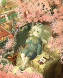 Rule 34 | 1girl, :t, absurdres, angel, angel wings, architecture, arm up, blue skirt, blue sweater, broken wall, canal, capelet, cherry blossoms, commentary request, dango, east asian architecture, ekaapetto, food, green eyes, green footwear, hair between eyes, halo, hanami, highres, holding, holding food, lantern, long sleeves, looking at viewer, medium hair, original, paper lantern, planter, plump, power lines, railing, rope, sanshoku dango, scenery, shide, shimenawa, sitting, skewer, skirt, slippers, solo, sweater, town, tsukumogami, utility pole, wagashi, white hair, wings