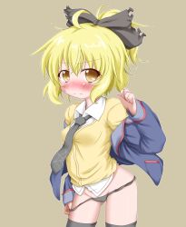 Rule 34 | 1girl, ahoge, alternate costume, anger vein, bad id, bad pixiv id, black panties, black thighhighs, blonde hair, blue jacket, blush, bow, female focus, hair bow, jacket, kurodani yamame, looking at viewer, necktie, no pants, oden (th-inaba), open clothes, open jacket, panties, panty pull, ponytail, shirt, short hair, solo, spider web print, strap pull, thighhighs, touhou, underwear, vest, wavy mouth, white shirt, yellow eyes