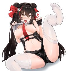 Rule 34 | 1girl, black gloves, black hair, black shorts, breasts, brown eyes, clothes lift, colored tips, double bun, fellatio gesture, fingerless gloves, foot out of frame, girls&#039; frontline, girls&#039; frontline neural cloud, gloves, hair bun, hair ornament, hair ribbon, heart, highres, korean commentary, lancer (worudrleh1), large breasts, leg up, lifted by self, long hair, looking at viewer, lying, mole, mole on thigh, multicolored hair, navel, neck, necktie, nipples, no bra, no shoes, open mouth, red hair, red necktie, red ribbon, ribbon, shirt, shirt lift, shorts, simple background, solo, spiked gloves, spread legs, stomach, streaked hair, teeth, thighhighs, tongue, tongue out, twintails, two-tone hair, type 97 (girls&#039; frontline), underwear, upper teeth only, very long hair, white background, white shirt, white thighhighs