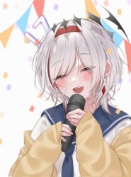 Rule 34 | cardigan, closed eyes, dtto., earrings, hairband, happy birthday, highres, holding, holding microphone, jewelry, kao da simp, microphone, multicolored hair, pale skin, red hair, red hairband, scarz, school uniform, smile, utaite, virtual youtuber, white hair