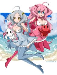 Rule 34 | 2girls, ahoge, bad id, bad pixiv id, bare shoulders, beach, blue eyes, boots, breasts, cleavage, dress, elbow gloves, gloves, hair ornament, high heels, highres, large breasts, long hair, looking at viewer, multiple girls, octopus, open mouth, original, pink hair, sand, silver hair, smile, squid, syno, thigh boots, thighhighs, very long hair, water, yellow eyes