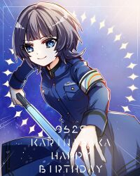 1girl asaka_karin birthday blue_background blue_eyes character_name coat_dress commentary english_text glowstick happy_birthday highres holding holding_glowstick kanduki_kamibukuro light_smile long_sleeves love_live! love_live!_nijigasaki_high_school_idol_club penlight_(glowstick) purple_hair rainbow_armband ryouran!_victory_road_(love_live!) short_hair solo upper_body