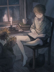 Rule 34 | 1boy, black shorts, book, book stack, brown hair, brown shirt, candle, candlestand, cat, chair, closed mouth, collared shirt, commentary, cup, dress shirt, flower, highres, hotatenshi, indoors, long sleeves, male focus, night, original, rain, reading, shirt, short hair, shorts, sitting, solo, sunflower, window, wooden floor