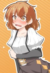 Rule 34 | 1girl, alternate costume, blush, brown hair, collarbone, corset, dirndl, embarrassed, eyoshi rin, german clothes, highres, holding own arm, juliet sleeves, long sleeves, looking at viewer, open mouth, orange background, orange eyes, outline, puffy sleeves, sena kizahashi, solo, species domain, striped, striped background, suspenders, upper body, white outline