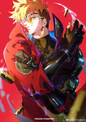 Rule 34 | 1boy, absurdres, bishounen, black shirt, blonde hair, blue eyes, bullet, closed mouth, copyright name, earrings, eyelashes, fingerless gloves, gloves, highres, jacket, jewelry, kami off record, leather, leather jacket, looking at viewer, male focus, mole, mole under eye, orange-tinted eyewear, prosthesis, prosthetic arm, red background, red jacket, round eyewear, shirt, smile, solo, tinted eyewear, trigun, trigun stampede, undercut, vash the stampede