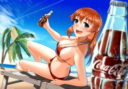 Rule 34 | 1girl, ass, beach, bikini, blue eyes, blush, breasts, brown hair, butt crack, charlotte e. yeager, cloud, coke-bottle glasses, collarbone, day, drink, female focus, glasses, highres, hiroshi (hunter-of-kct), large breasts, long hair, looking at viewer, navel, ocean, open mouth, outdoors, palm tree, red bikini, shorts, sky, smile, solo, strike witches, swimsuit, teeth, tongue, tree, upper teeth only, world witches series