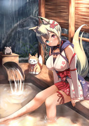 Rule 34 | amano kusatsu, animal, animal ear fluff, animal ears, arm support, ashiyu, bare shoulders, blue eyes, blush, breasts, bridal gauntlets, brown hair, cleavage, closed mouth, commentary request, dog, fox ears, fox girl, fox tail, heterochromia, highres, hood, hood down, japanese clothes, kimono, looking at viewer, medium breasts, obi, original, pleated skirt, rain, red eyes, red skirt, sash, skirt, smile, soaking feet, solo, tail, twitter username, water, white kimono