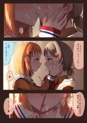Rule 34 | 2girls, 3koma, :q, ahoge, amagai shou, bad id, bad pixiv id, blue eyes, blush, bow, brown eyes, brown hair, comic, eye contact, french kiss, hair bow, hair ornament, hand on another&#039;s cheek, hand on another&#039;s face, heart, heart hair ornament, kiss, long sleeves, looking at another, love live!, love live! sunshine!!, multiple girls, necktie, orange hair, profile, red neckwear, school uniform, serafuku, short hair, sleeves past wrists, speech bubble, striped, striped bow, sweatdrop, takami chika, tongue, tongue out, translation request, upper body, watanabe you, wing collar, x hair ornament, yuri