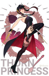 Rule 34 | 1girl, bare shoulders, black dress, black footwear, black gloves, black hair, blush, boots, breasts, character name, cleavage, closed mouth, commentary, cup, dagger, dress, english commentary, fingerless gloves, flower, full body, gloves, gold hairband, hair between eyes, hair flower, hair ornament, hairband, high heel boots, high heels, highres, hikazio, holding, knife, ladle, leg up, light smile, long hair, medium breasts, red eyes, rose, simple background, sleeveless, sleeveless dress, solo, spy x family, stiletto (weapon), teacup, thigh boots, thighhighs, twitter username, two-sided dress, two-sided fabric, weapon, white background, yor briar, zettai ryouiki