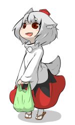 Rule 34 | 1girl, :d, animal ears, bad id, bad pixiv id, bag, blush, full body, hat, inubashiri momiji, inunoko., long sleeves, looking at another, open mouth, pom pom (clothes), red eyes, sandals, shopping bag, short hair, silver hair, simple background, smile, solo, standing, tabi, tail, tiptoes, tokin hat, touhou, v arms, white background, wolf ears, wolf tail