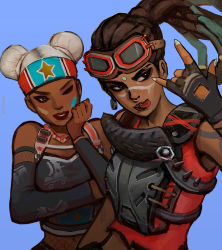 Rule 34 | 2girls, \m/, absurdres, apex legends, blue tank top, brown eyes, brown eyeshadow, brown hair, commentary, detached sleeves, double bun, dreadlocks, english commentary, facepaint, goggles, goggles on head, green hair, hair behind ear, hair bun, highres, jammer lifeline, lifeline (apex legends), multicolored hair, multiple girls, nose piercing, nose ring, official alternate costume, one eye closed, peter chai, piercing, rampart (apex legends), shirt, sleeveless, sleeveless shirt, star (symbol), streaked hair, tank top, tongue, tongue out, tooth gap, wastelander rampart, white hair