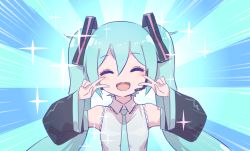 Rule 34 | 1girl, ^ ^, aqua hair, aqua necktie, bare shoulders, black sleeves, blue background, closed eyes, detached sleeves, double v, emotional engine - full drive, facing viewer, fate/grand order, fate (series), grey shirt, hair ornament, hatsune miku, headphones, headset, long hair, necktie, nejikyuu, open mouth, shirt, shoulder tattoo, sleeveless, sleeveless shirt, smile, solo, sparkle, sunburst, sunburst background, tattoo, twintails, upper body, v, very long hair, vocaloid