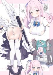 Rule 34 | 4girls, absurdres, angel wings, aqua hair, ass, blue archive, blush, breasts, closed eyes, commentary request, dress, feathered wings, garter straps, gradient hair, gun, hair bun, hair ornament, halo, hat, high heels, highres, holding, holding gun, holding weapon, justice task force member (blue archive), lanchester smg, large breasts, legs, long hair, looking at viewer, mika (blue archive), multicolored hair, multiple girls, multiple views, open mouth, orange eyes, panties, pink hair, purple footwear, simple background, single side bun, squiggle, stuck, submachine gun, sweat, thigh gap, thighhighs, through wall, torn clothes, translation request, trembling, twitter username, underwear, weapon, white dress, white panties, white wings, wing ornament, wings, yuunagi show