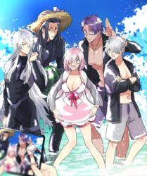 Rule 34 | 1girl, 4boys, berserker (fate/zero), black male swimwear, blue sky, bob cut, bodysuit, bow swimsuit, breasts, casual one-piece swimsuit, cleavage, cloud, day, diving suit, drawstring, dress swimsuit, dual persona, fate/grand order, fate/requiem, fate/zero, fate (series), father and daughter, father and son, food, fruit, galahad (fate), galahad alter, glasses, gold necklace, grey male swimwear, grey swim trunks, hair over one eye, hat, innertube, jewelry, lancelot (fate/grand order), long hair, male swimwear, mash kyrielight, mash kyrielight (swimsuit of perpetual summer), multiple boys, necklace, ocean, official alternate costume, one-piece swimsuit, pink hair, purple hair, purple male swimwear, purple swim trunks, silver hair, sky, straw hat, swim ring, swim trunks, swimsuit, taking picture, tan, uma (nabeuma), very long hair, wading, watermelon, wetsuit, white one-piece swimsuit, yellow eyes