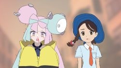 Rule 34 | 2girls, absurdres, blood, blue headwear, blush stickers, braid, breast pocket, brown eyes, brown hair, character hair ornament, collared shirt, commentary, creatures (company), drunkoak, eyelashes, game freak, green hair, grey shirt, hair ornament, hat, highres, iono (pokemon), jacket, juliana (pokemon), long hair, multicolored hair, multiple girls, necktie, nintendo, nosebleed, open mouth, orange necktie, pocket, pokemon, pokemon sv, purple hair, shirt, short sleeves, sleeveless, sleeveless shirt, teeth, two-tone hair, upper body, upper teeth only, yellow jacket