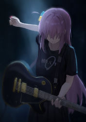Rule 34 | 1girl, black shirt, blue eyes, bocchi the rock!, closed mouth, covered eyes, cowboy shot, cube hair ornament, electric guitar, gibson les paul, gotoh hitori, grey skirt, guitar, hair ornament, hair over eyes, highres, instrument, long hair, music, nekoreito, pink hair, playing instrument, pleated skirt, shirt, short sleeves, skirt, solo