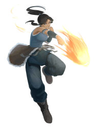 Rule 34 | 1girl, armband, avatar: the last airbender, avatar legends, blue eyes, boots, brown hair, clenched hands, clenched teeth, dark skin, dark-skinned female, fire, fireball, fur, highres, korra, long hair, ponytail, rikizo, solo, tank top, teeth, the legend of korra, vambraces