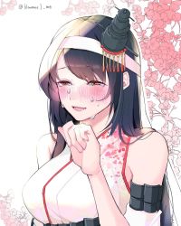 Rule 34 | 1girl, black hair, blush, commentary request, floral background, floral print, full-face blush, fusou (kancolle), fusou kai ni (kancolle), hair ornament, headband, headgear, highres, kantai collection, kozu (bloomme1 me), long hair, nontraditional miko, one-hour drawing challenge, red eyes, solo, tears, twitter username, upper body, white background