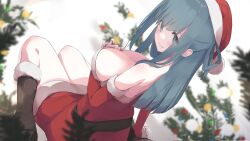 Rule 34 | 1girl, amano nene (vtuber), bare shoulders, blue hair, boots, breasts, christmas, cleavage, commission, detached sleeves, green eyes, hat, highres, large breasts, long hair, looking at viewer, production kawaii, rb2, santa costume, santa hat, solo, strapless, virtual youtuber