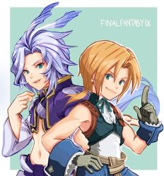 Rule 34 | 2boys, androgynous, aqua ribbon, bare shoulders, belt, blonde hair, blue eyes, blue pants, border, cowboy shot, cropped jacket, feather hair ornament, feathers, final fantasy, final fantasy ix, frilled shirt collar, frills, gloves, green background, green eyes, green vest, grey gloves, grey hair, hair ornament, hand on own hip, highres, kuja, long hair, looking at viewer, low ponytail, male focus, medium hair, midriff, multiple boys, navel, neck ribbon, pants, parted bangs, parted lips, pointing, ribbon, shirt, short ponytail, sleeveless, sleeveless shirt, smile, smirk, uxspwt1u79uz1gu, vest, white shirt, wide sleeves, wrist cuffs, zidane tribal