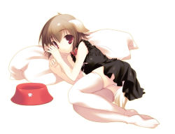 Rule 34 | 1girl, animal ears, bowl, brown hair, character request, collar, dog ears, dog tail, dress, jo (overture), lying, on side, panties, pet bowl, pillow, red eyes, ribbon, short hair, solo, tail, thighhighs, underwear, white panties, white thighhighs