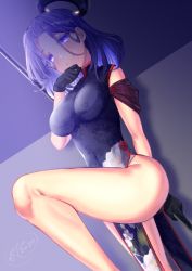 Rule 34 | 1girl, alternate costume, blush, breasts, china dress, chinese clothes, closed mouth, dress, floral print, glaive (polearm), gloves, halo, hand on own chin, headgear, ittokyu, kantai collection, large breasts, looking at viewer, mechanical halo, pelvic curtain, polearm, purple eyes, purple hair, short hair, smile, solo, tatsuta (kancolle), thighs, weapon