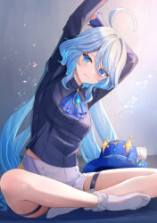 Rule 34 | 1girl, ahoge, arms up, blue eyes, blue hair, blue headwear, blush, brooch, closed mouth, furina (genshin impact), genshin impact, hat, highres, jewelry, long hair, long sleeves, looking at viewer, mitsukayurie, shorts, sitting, smile, socks, solo, thigh strap, thighs, unworn hat, unworn headwear, white shorts, white socks