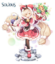Rule 34 | 1girl, :d, absurdres, arm up, basket, bell, black pantyhose, blonde hair, boots, capelet, character request, commentary, copyright name, crossed legs, full body, fur-trimmed boots, fur-trimmed capelet, fur-trimmed hood, fur-trimmed mittens, fur-trimmed skirt, fur trim, hair between eyes, highres, holding, holding basket, hood, hood up, hooded capelet, jingle bell, long hair, low twintails, mittens, open mouth, pantyhose, pleated skirt, poseich, red capelet, red footwear, red mittens, red skirt, santa costume, shirt, skirt, smile, solidus, solo, standing, star (symbol), teeth, twintails, upper teeth only, very long hair, white background, white shirt, yellow eyes