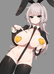 Rule 34 | 1girl, animal ears, barcode, barcode tattoo, black thighhighs, blue eyes, blush, breast lift, breasts, fake animal ears, gluteal fold, grey background, grey hair, heart pasties, large breasts, long hair, long sleeves, looking at viewer, meme attire, original, parted lips, pasties, pussy juice, rabbit ears, reverse bunnysuit, reverse outfit, sakana no ike, simple background, solo, strap, tattoo, thighhighs